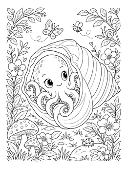 An adorable baby octopus coloring page peeking out of a spiral conch shell surrounded by flowers.