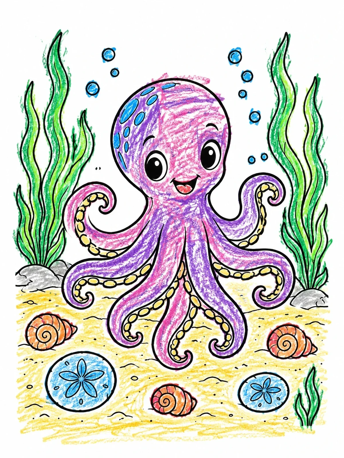 Colored example of the Cute Octopus On Seabed coloring page