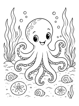 A cheerful octopus coloring page with seashells and seaweed on the ocean floor.
