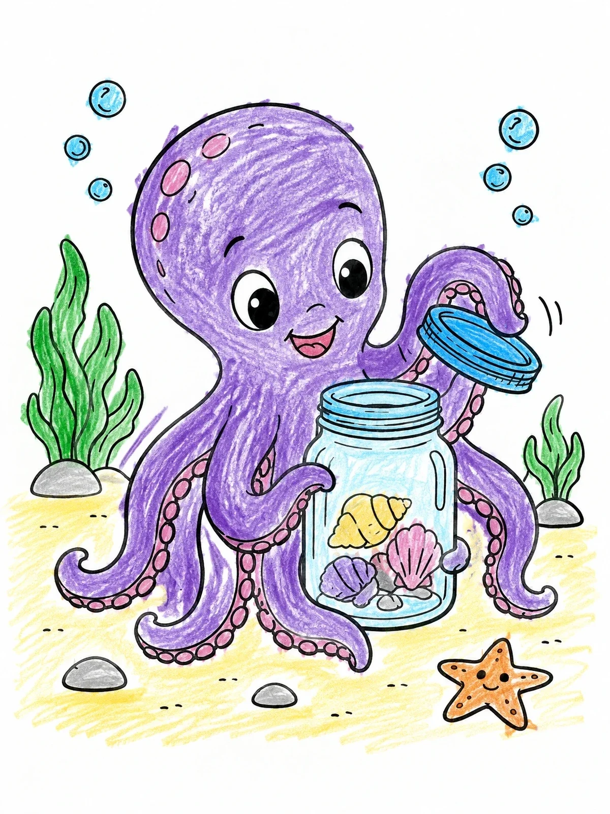 Colored example of the Cute Octopus Opening A Shell Jar coloring page