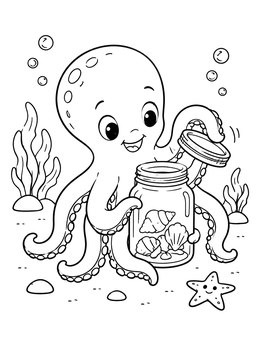 A cheerful octopus coloring page showing an octopus opening a glass jar full of seashells underwater.