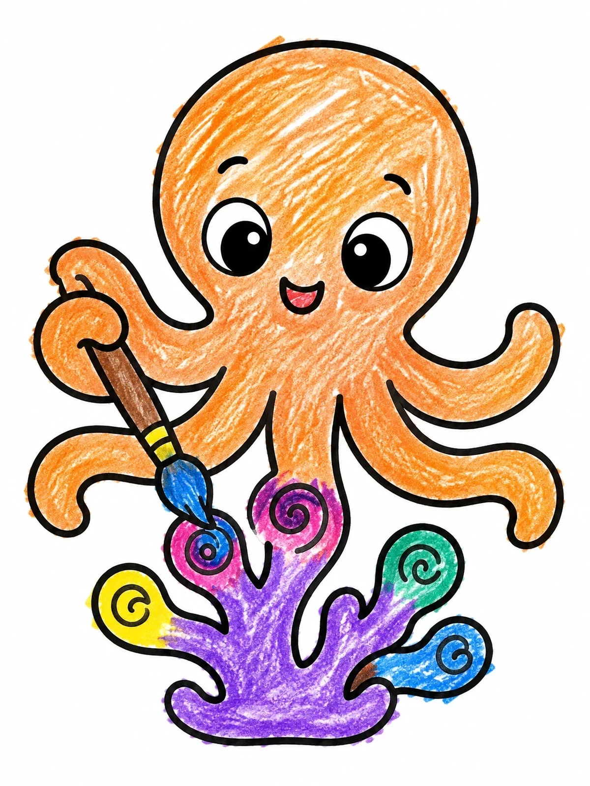 Colored example of the Cute Octopus Painting Coral Swirls coloring page