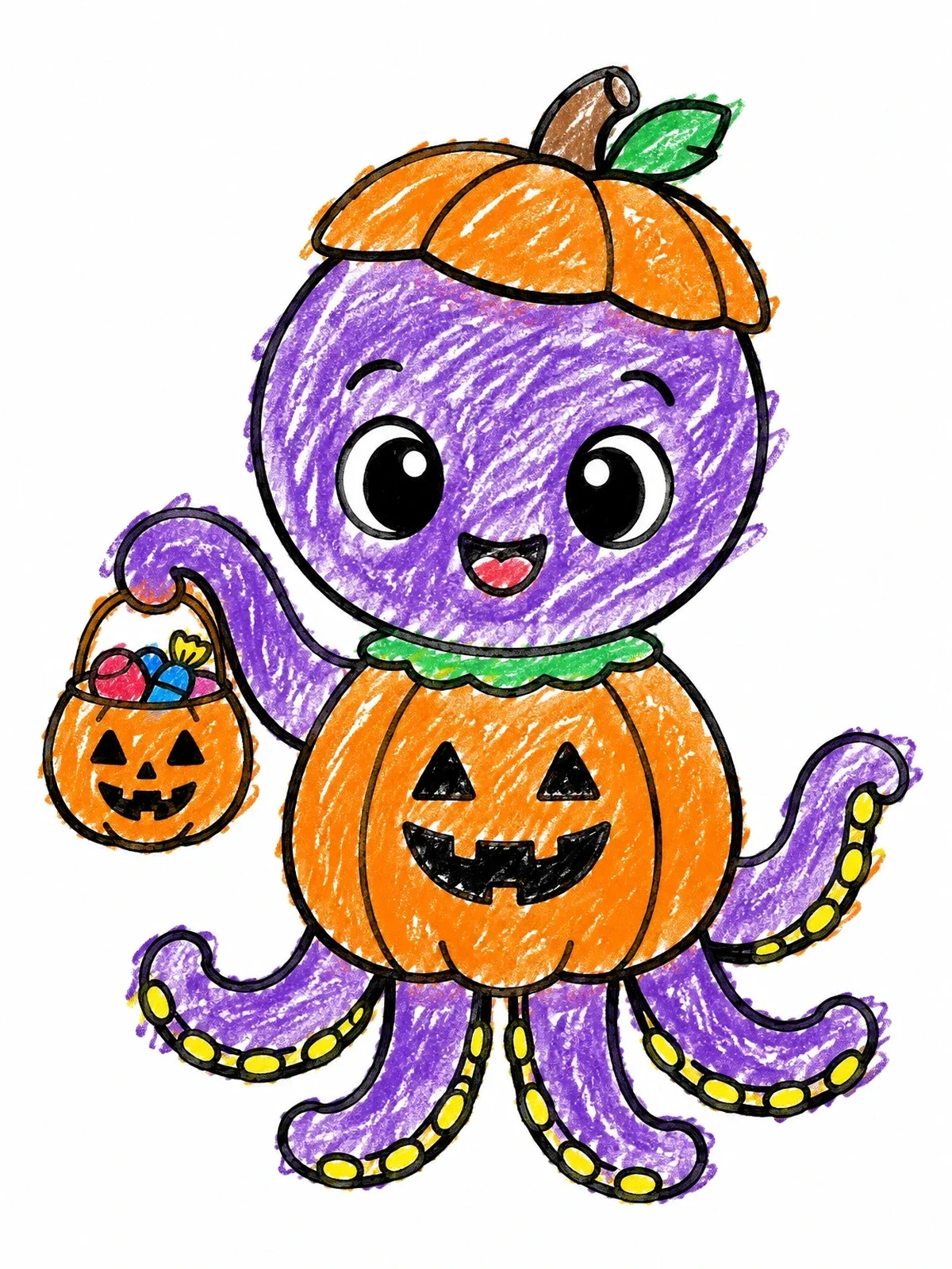 Colored example of the Cute Octopus In Pumpkin Costume coloring page
