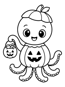 A friendly octopus coloring page dressed in a Halloween pumpkin costume with candy.