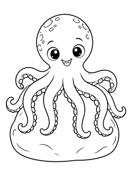 A cheerful octopus coloring page featuring a smiling sea creature perched on a smooth stone.