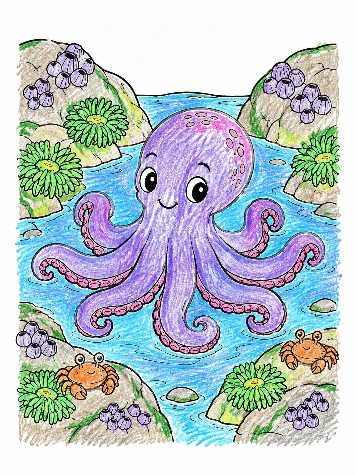 Colored example of the Cute Octopus In A Tide Pool coloring page