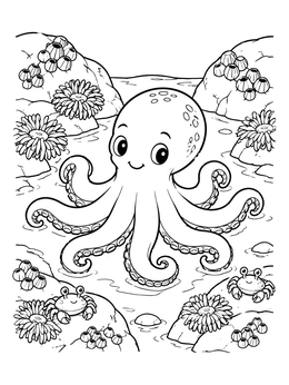 A friendly octopus coloring page featuring crabs, sea anemones, and barnacles in a tide pool.