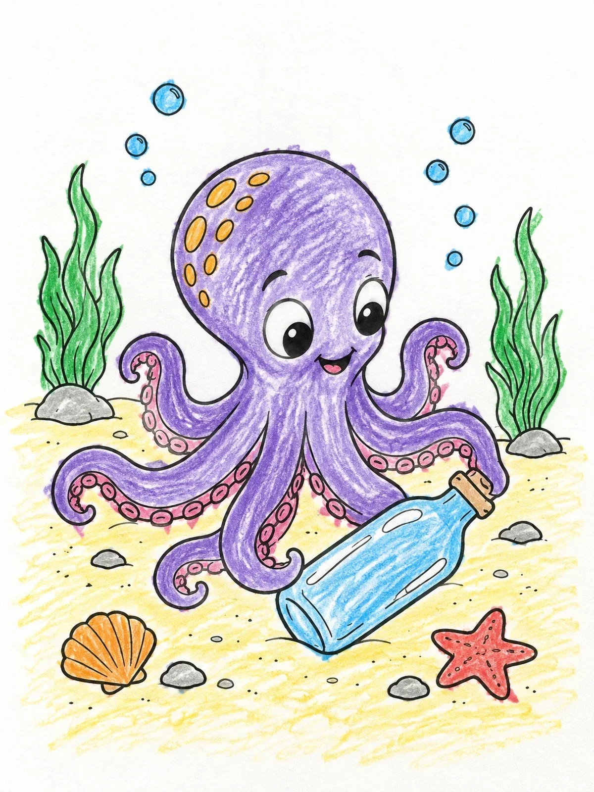 Colored example of the Cute Octopus With Glass Bottle coloring page
