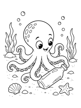 A friendly octopus coloring page featuring a glass bottle, seashell, and starfish on the seabed.