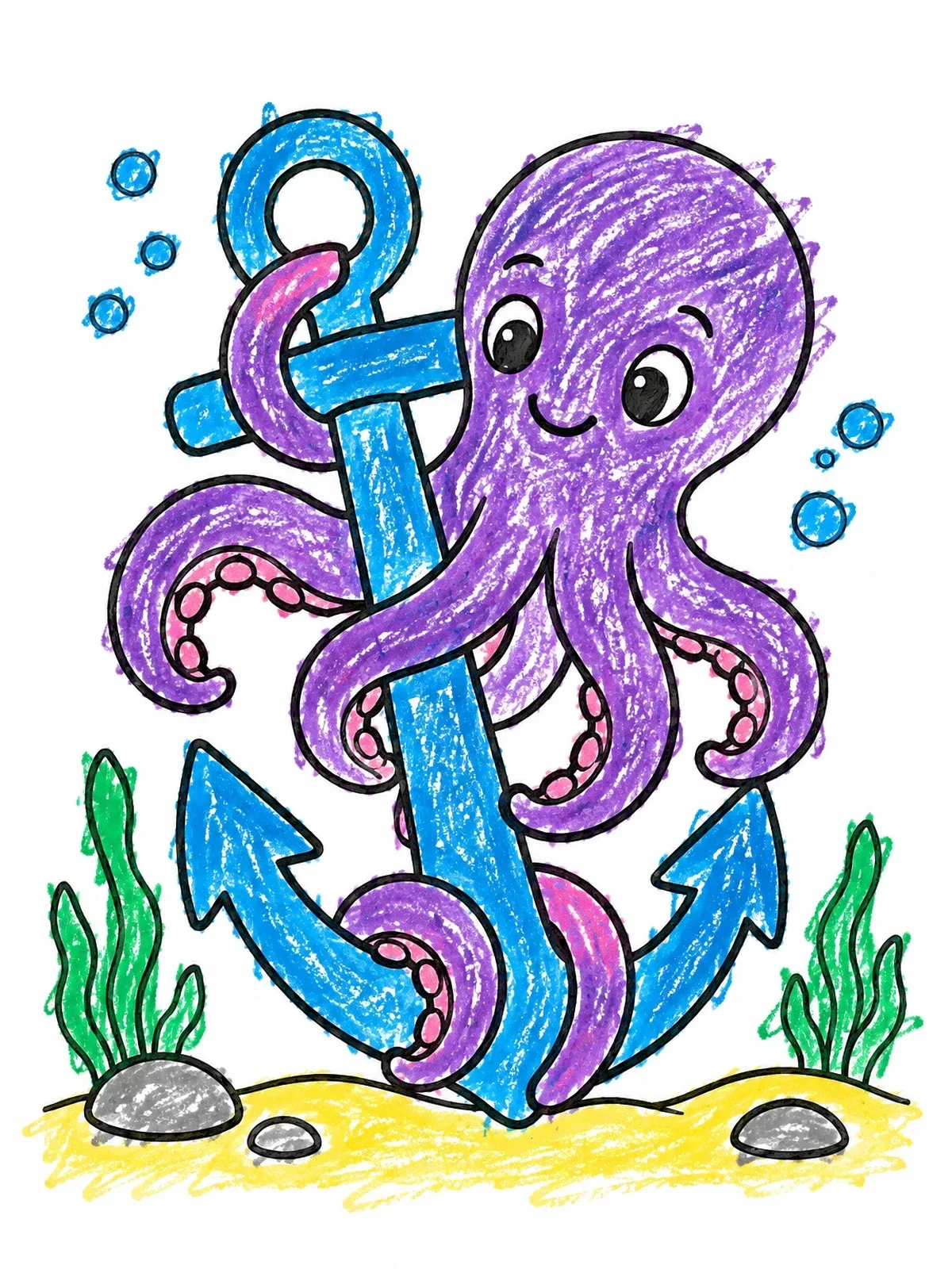 Colored example of the Cute Octopus With Nautical Anchor coloring page