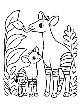Free printable Cute Okapi And Calf Eating Leaves coloring page