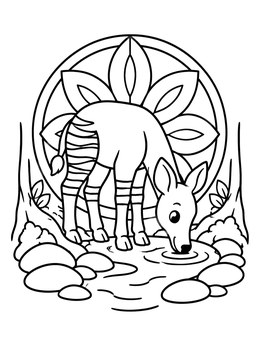 Free printable Cute Okapi Drinking At Forest Pond coloring page