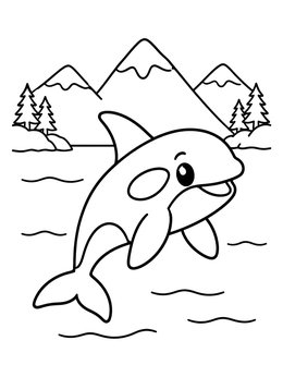 Free printable Cute Orca Leaping By Mountains coloring page