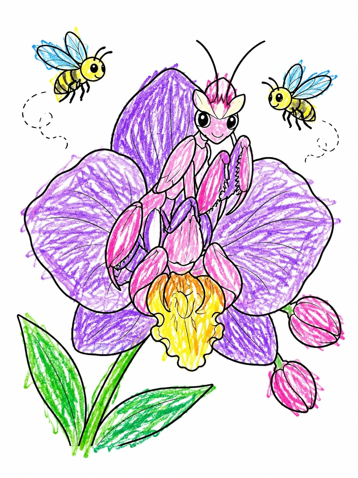 Colored example of the Cute Orchid Mantis And Bees coloring page