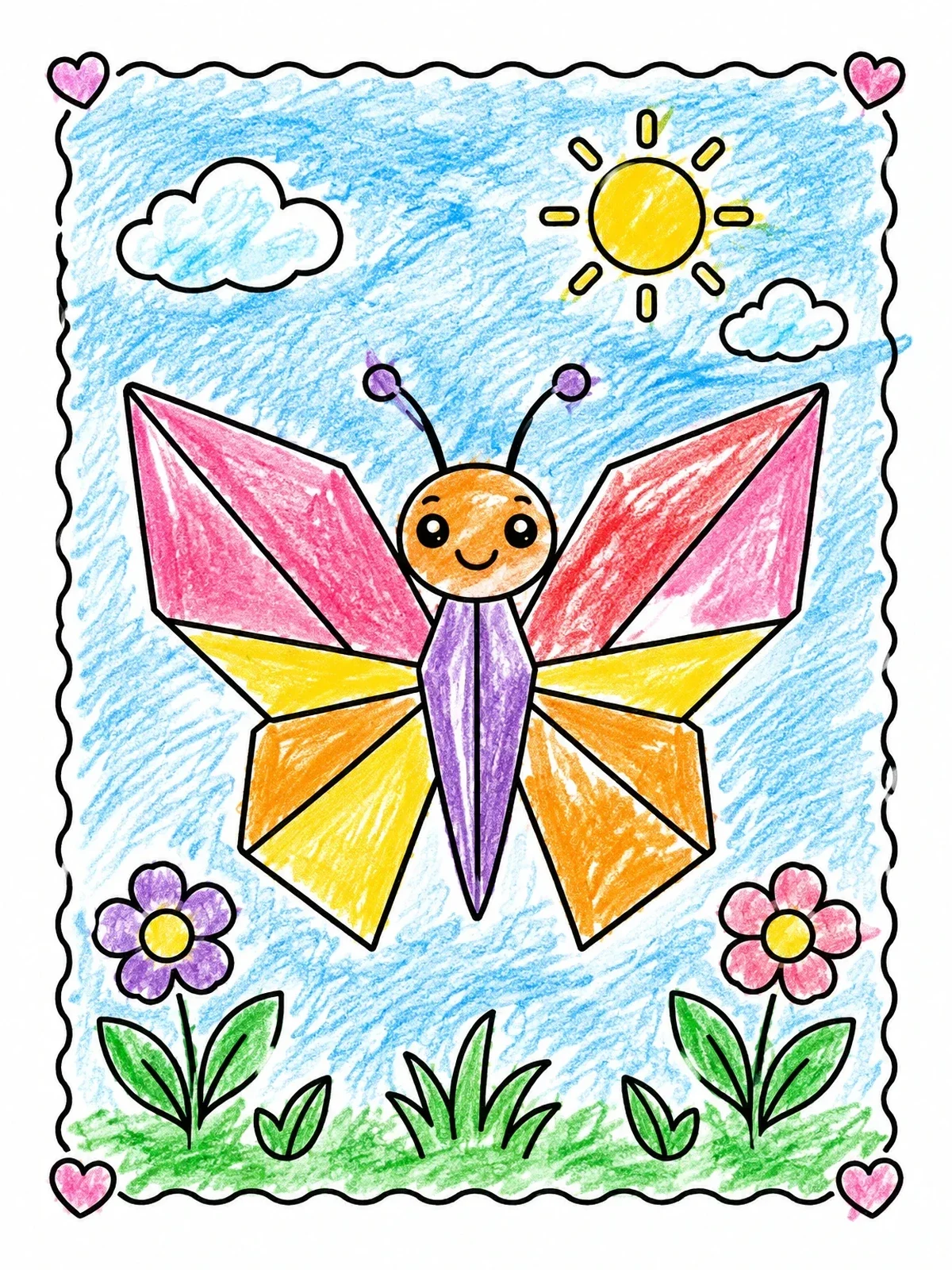 Colored example of the Cute Origami Butterfly In The Garden coloring page