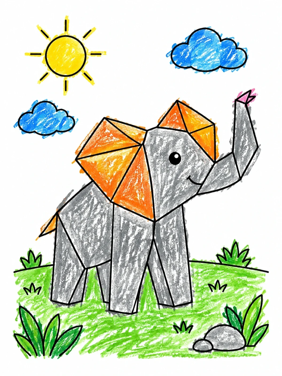 Colored example of the Cute Geometric Origami Elephant Outdoors coloring page