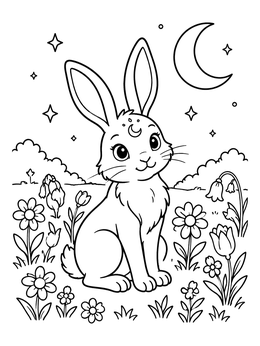 Free printable Cute Ostara Bunny Under The Moon coloring page