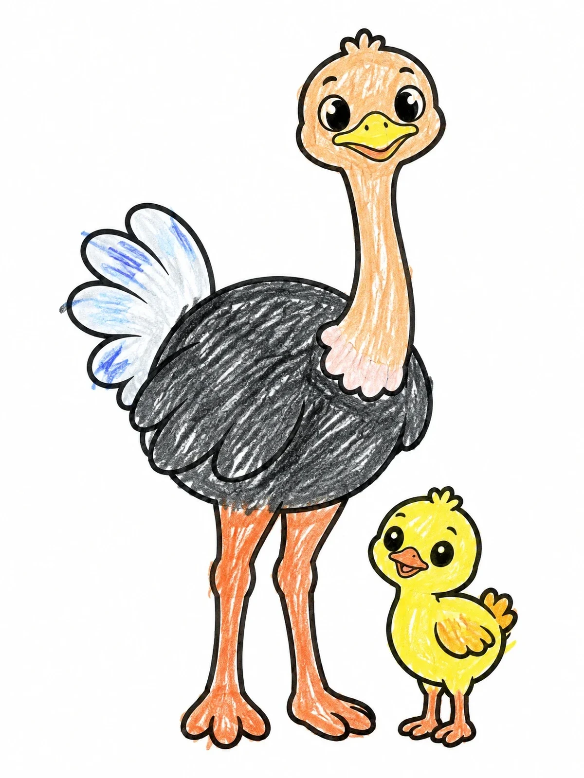 Colored example of the Cute Ostrich And Baby Chick coloring page