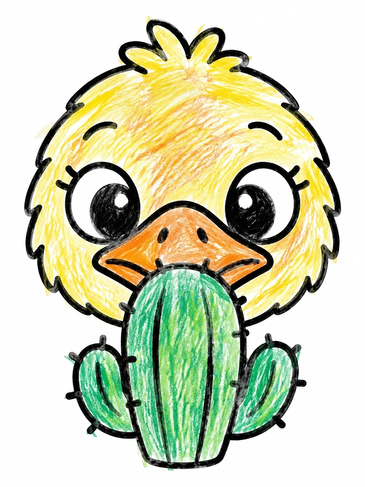 Colored example of the Cute Ostrich Chick Behind Cactus coloring page