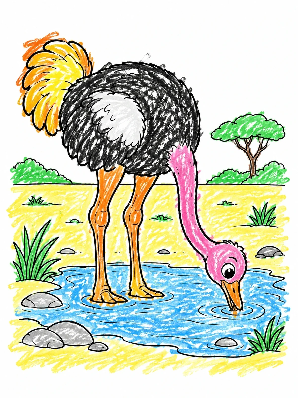 Colored example of the Cute Ostrich Drinking Water coloring page