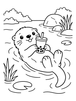 A cute otter floating in the water holding a drink on this boba coloring page.