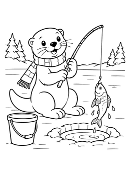 Free printable Cute Otter Ice Fishing coloring page