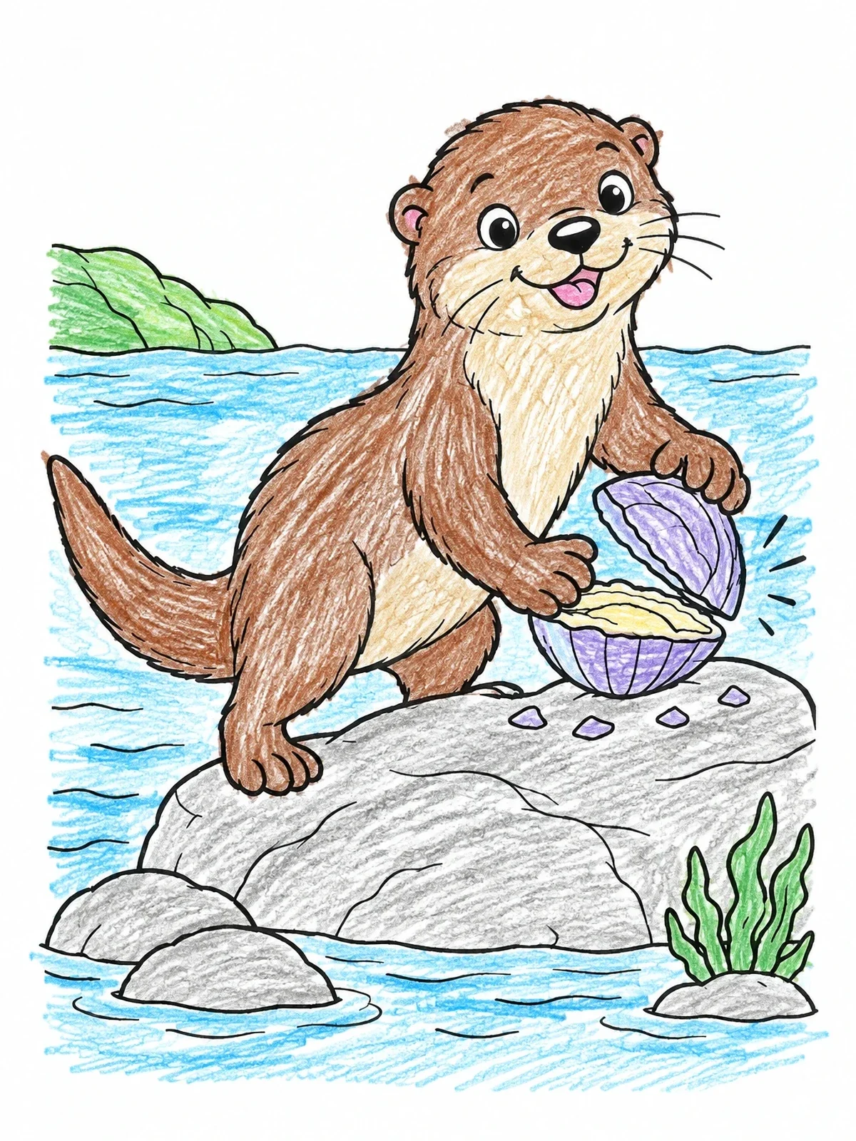 Colored example of the Cute Otter Opening Clam Shell coloring page