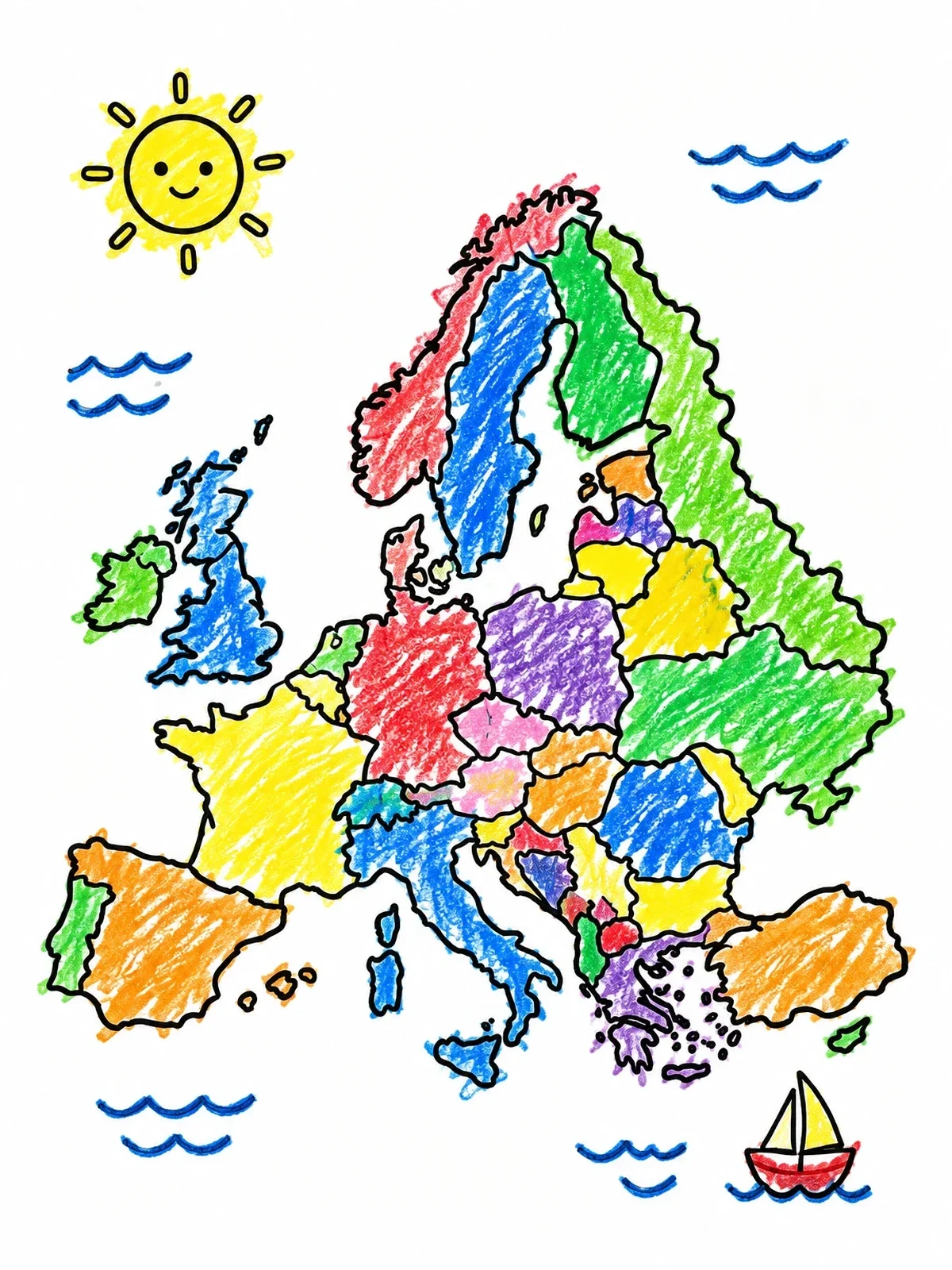 Colored example of the Cute Outline Map Of Europe coloring page