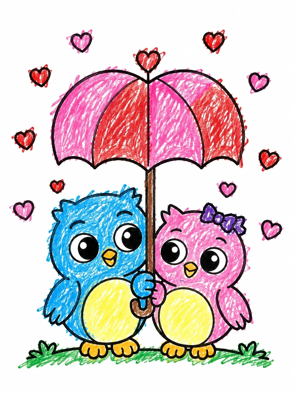 Colored example of the Cute Owl Couple Under Umbrella coloring page