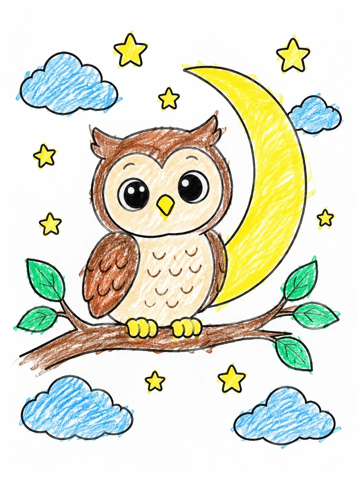 Colored example of the Cute Owl Under Crescent Moon coloring page