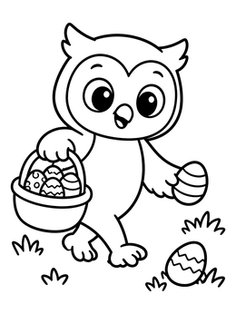 A cheerful cartoon owl coloring page featuring a basket full of decorated Easter eggs.