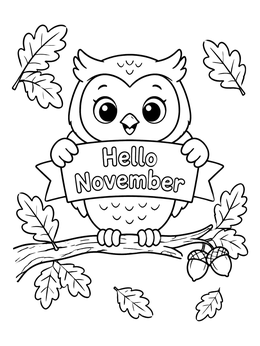 Free printable Cute Owl With Hello November Banner coloring page