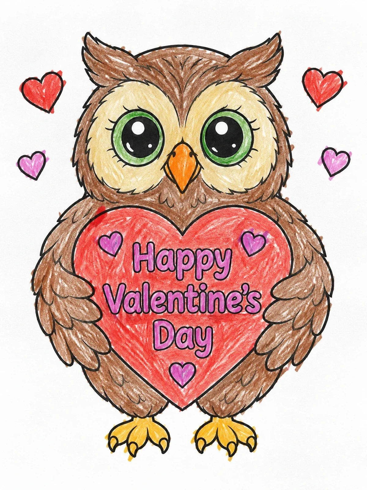 Colored example of the Cute Owl Holding Valentine Heart coloring page