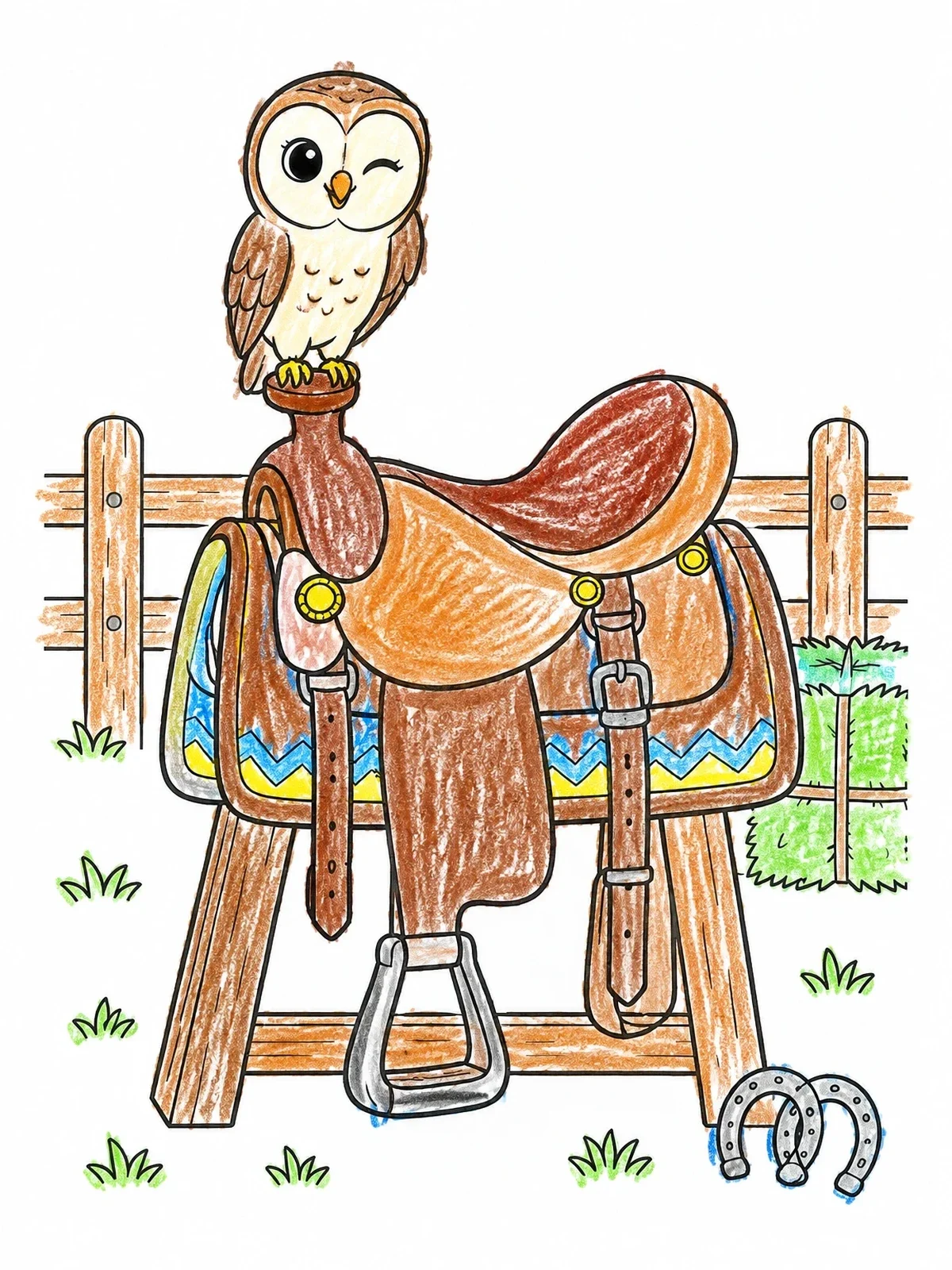 Colored example of the Cute Owl On A Western Saddle coloring page