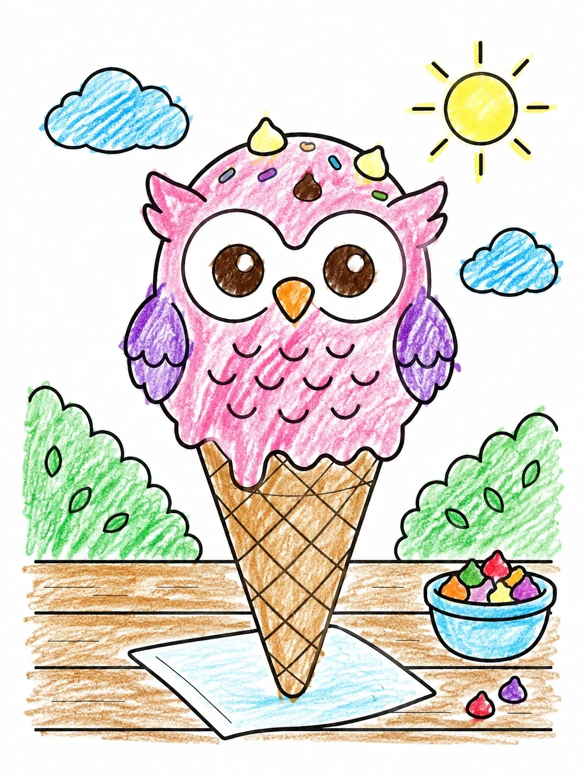 Colored example of the Cute Owl Ice Cream Cone coloring page