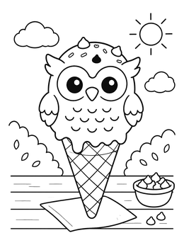 A cute food coloring page showing an owl-shaped ice cream scoop in a waffle cone on a sunny day.