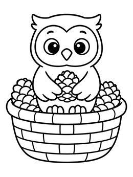 A cute owl coloring page featuring a baby owl holding a pinecone inside a basket.
