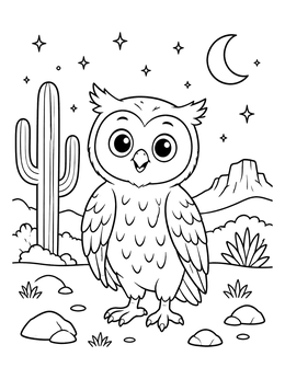 A friendly owl coloring page set against a desert landscape with cactus and stars.