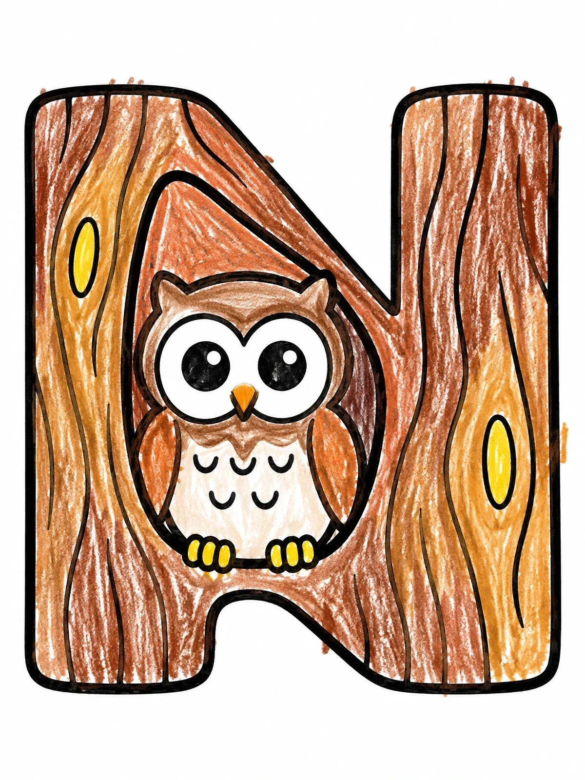Colored example of the Cute Owl Inside Wooden Letter N coloring page