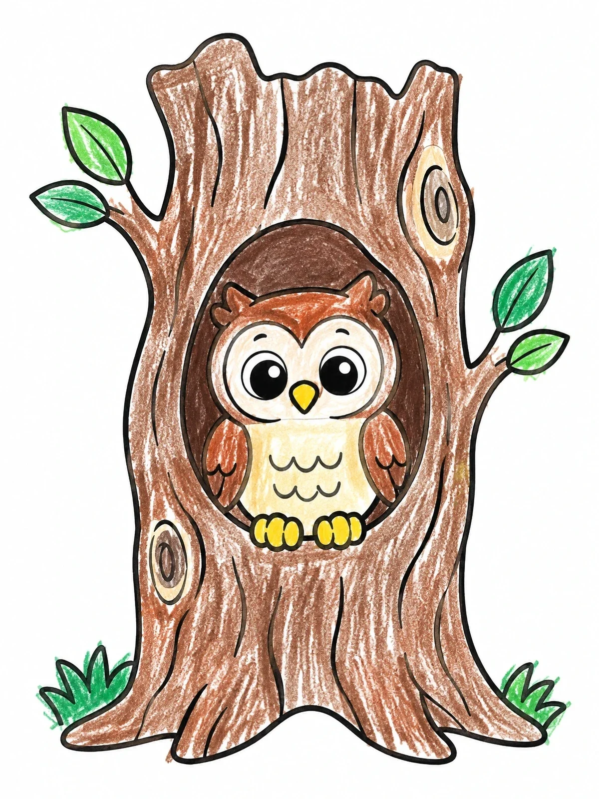 Colored example of the Cute Owl Inside Oak Tree Trunk coloring page