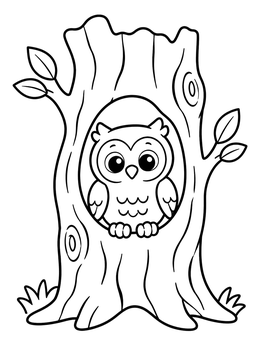 Free printable Cute Owl Inside Oak Tree Trunk coloring page