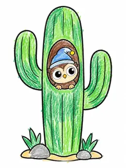 Cute Owl Inside Saguaro Cactus Coloring Page