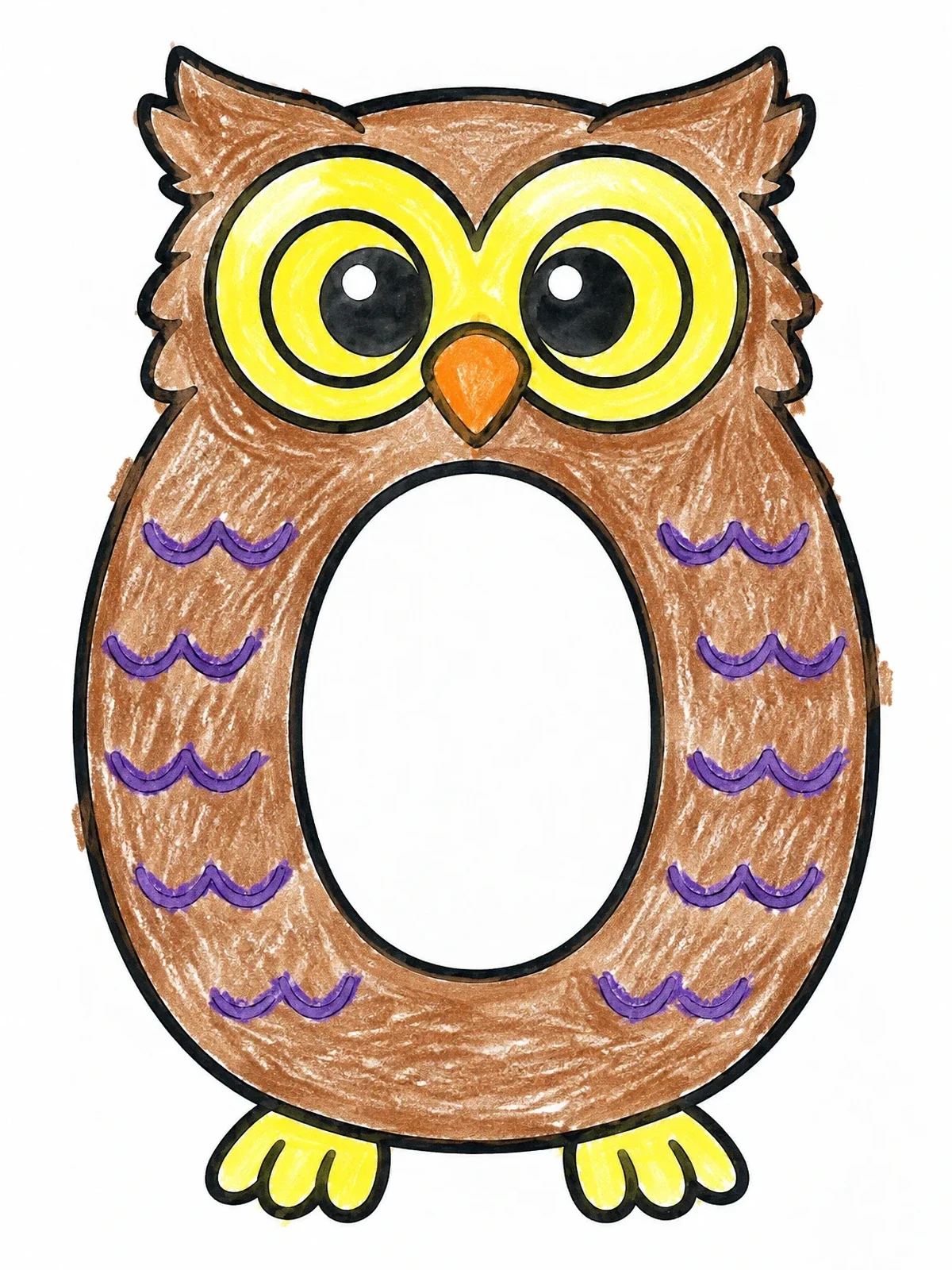 Colored example of the Cute Owl Shaped Like Letter O coloring page