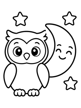 Free printable Cute Owl With Crescent Moon And Stars coloring page