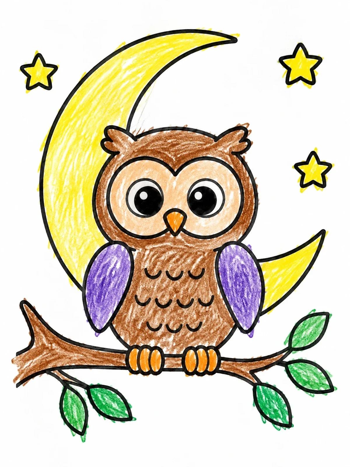 Colored example of the Cute Owl On A Moonlit Branch coloring page