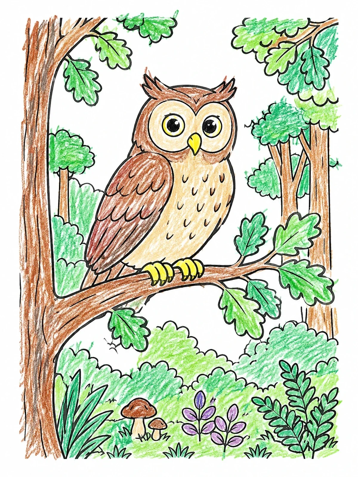 Colored example of the Cute Owl On An Oak Branch coloring page