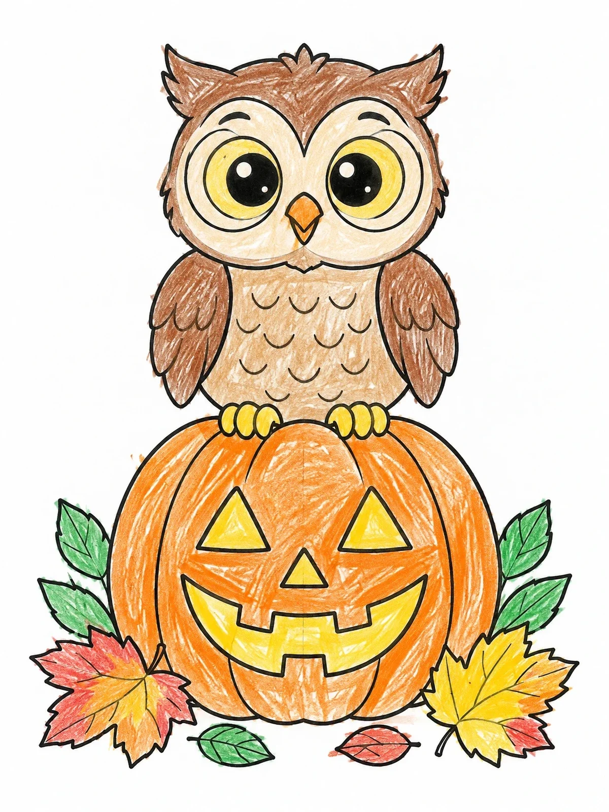 Colored example of the Cute Owl On A Carved Pumpkin coloring page