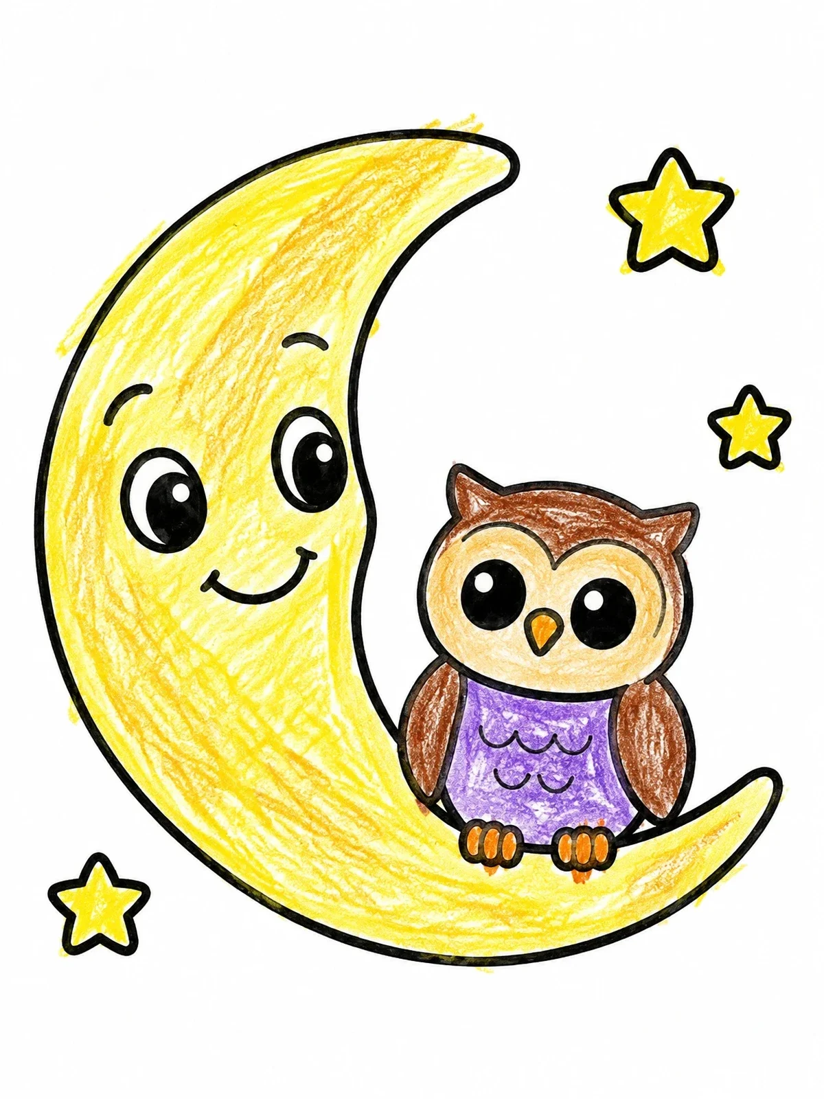 Colored example of the Cute Owl On Crescent Moon coloring page