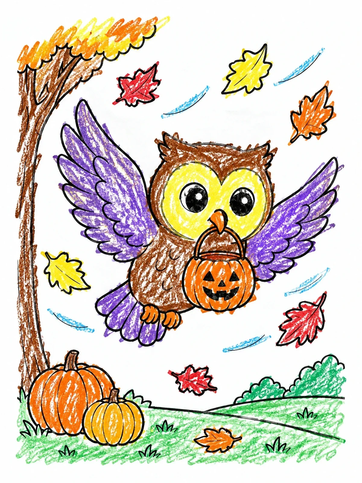 Colored example of the Cute Owl Carrying A Pumpkin Bucket coloring page