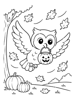 Free printable Cute Owl Carrying A Pumpkin Bucket coloring page